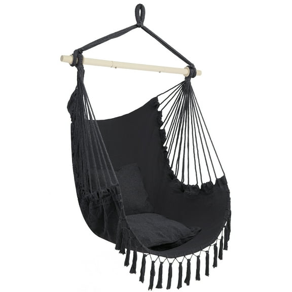 BAYUELSWU Hammock Chair with 2 Cushions, Hanging Rope Rope Swing with Tassel for Indoor/Outdoor, Garden Yard, Backyard, Living Room (Gray)