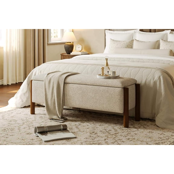 Modern Storage Bench with Walnut Wood Legs, 47" Fabric Upholstered Ottoman for Bedroom, Entryway or Living Room, Beige