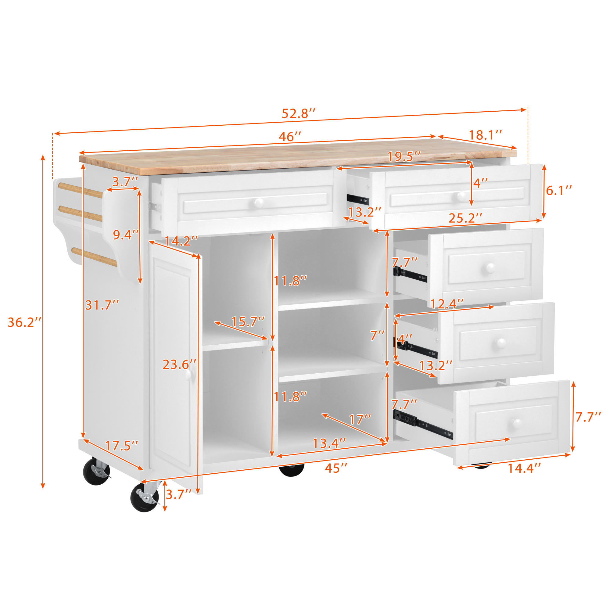 White Wood 53.1 in. Kitchen Island on 5-Wheels with Storage Cabinet and 3-Drawers for Dinning Room LH-705