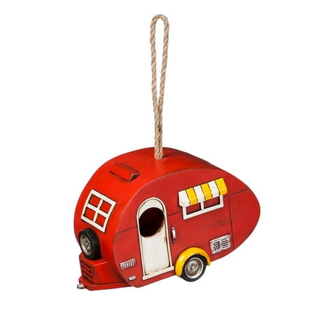 Hanging Decorative Birdhouse - Decorative Retro Red Camper Birdhouse with Hanging Rope