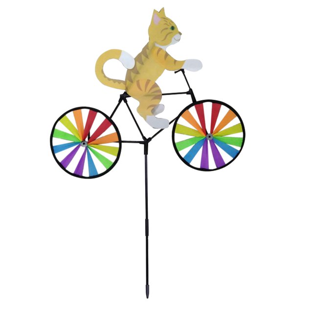 Animal gato amarillo montando en bicicleta molino de viento de dibujos animados tridimensional decoración de jardín pastoral al aire libre molino de viento 90x50cm, PP