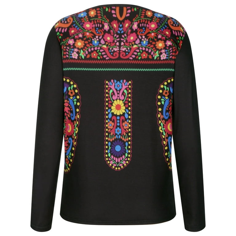 Women Mexican Tops Long Sleeve T Shirt Embroidery Flowers Fall