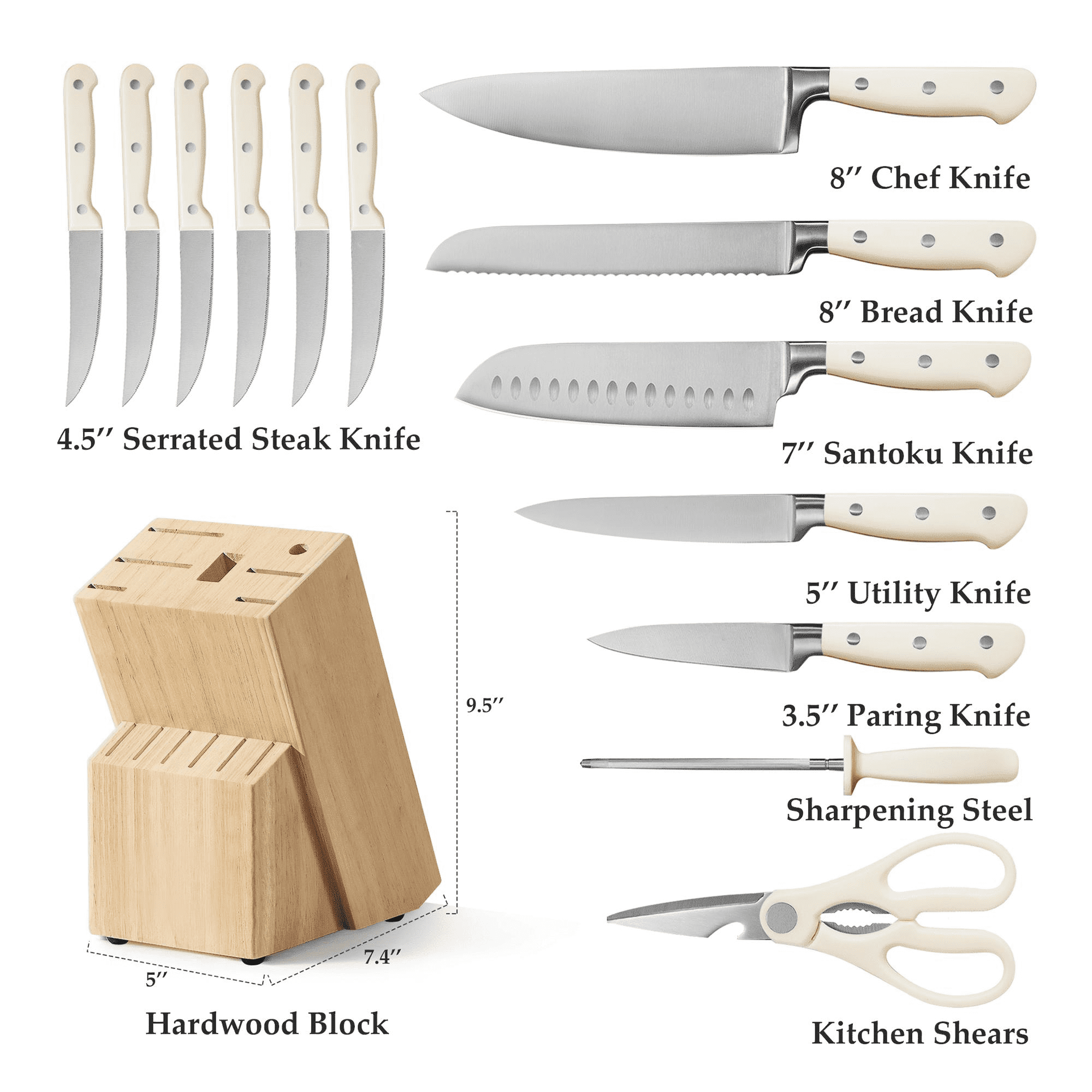 Jozram 14 Pcs Knife Set with Wooden Block Stainless Steel Knives with Ergonomic Handle, Forged