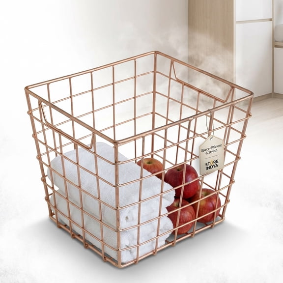 STORE INDYA storeindya Thanksgiving Gifts Wire Basket for Storage Pantry Square Organizer Wire Mesh Baskets Large Organizing Flower Girl Basket Stackable Bins (Copper Cube Collection)