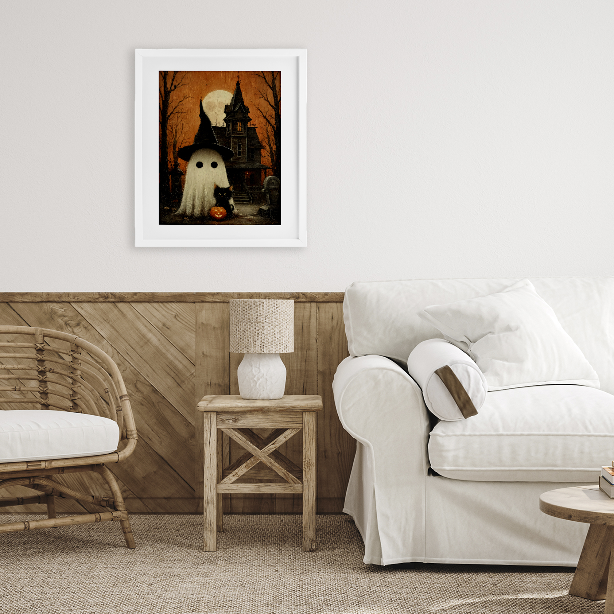 Cute Ghost & Haunted House White Framed Print Under Glass, design by Arlington Prints