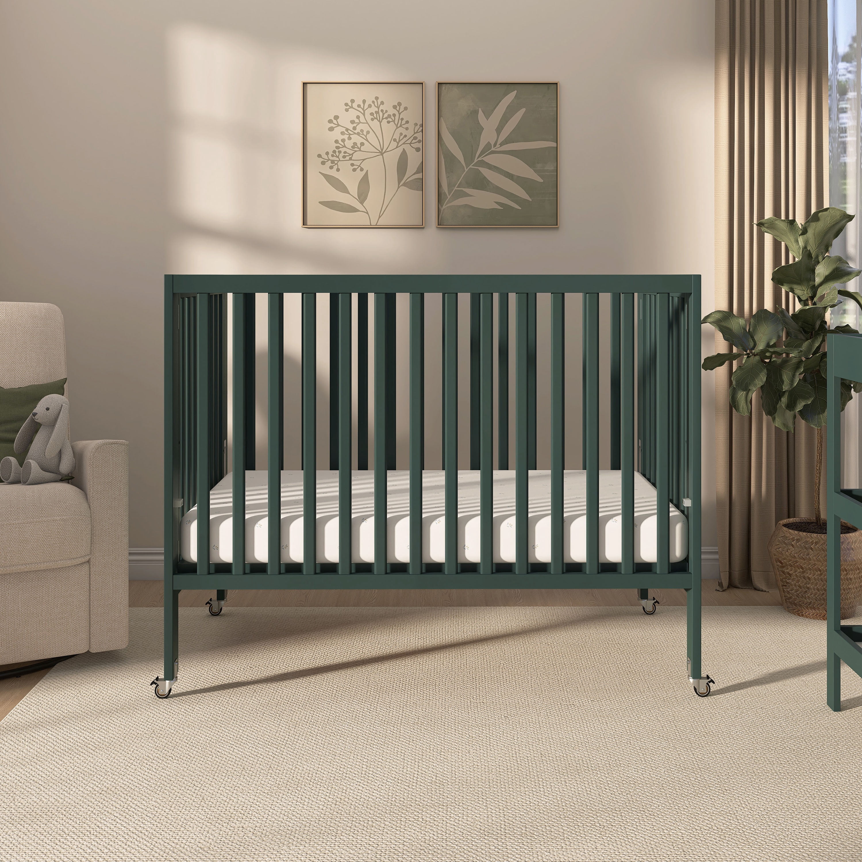 Dream On Me Quinn Full-Size Folding Crib, Removable Wheels, Modern Nursey, Adjustable Mattress Support, Patent Folding System in Olive