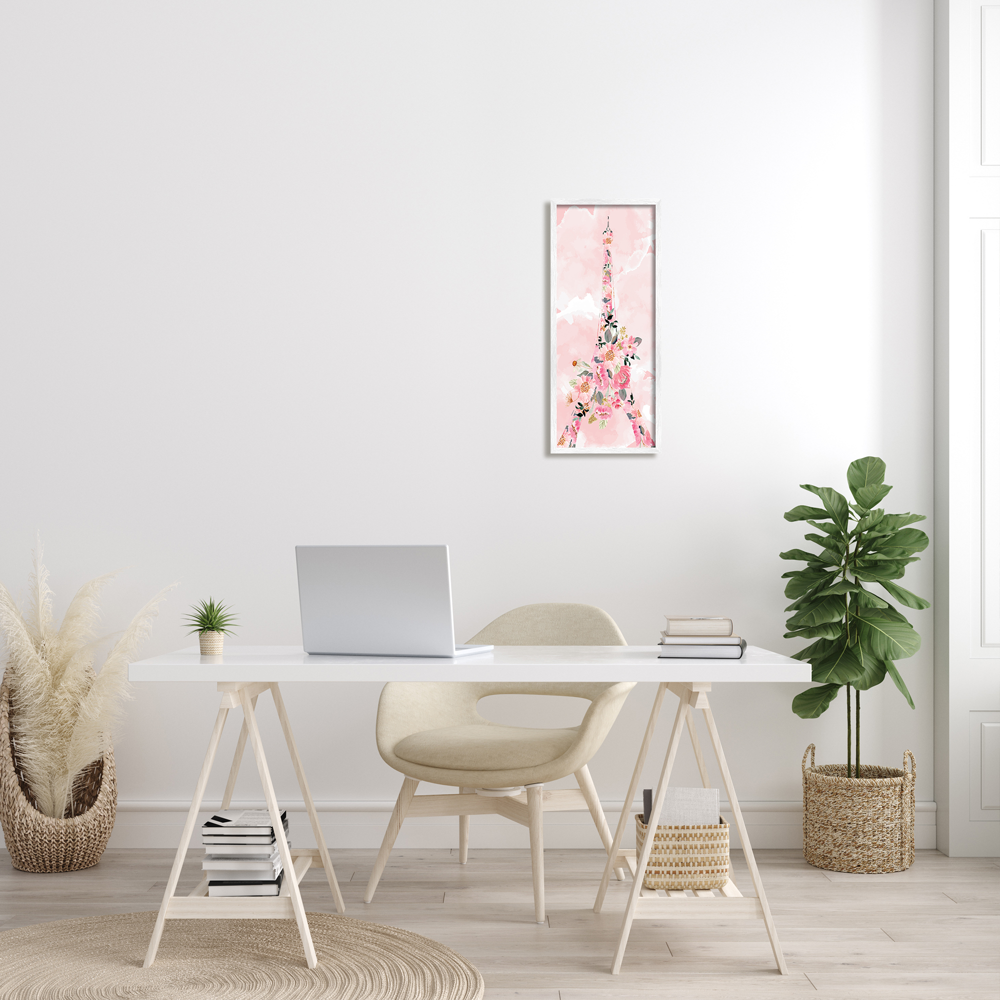 Stupell Industries Floral Pattern Eiffel Tower Pink Cloudy Sky Botanical & Floral Painting White Framed Art Print Wall Art, 10 x 24