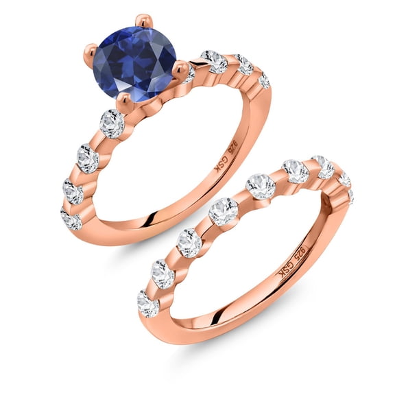 Gem Stone King 18K Rose Gold Plated Silver Blue Created Sapphire and White Topaz Wedding Engagement Ring Band Bridal Set for Women (2.96 Cttw, Gemstone September Birthstone, Round 7MM, Size 6)