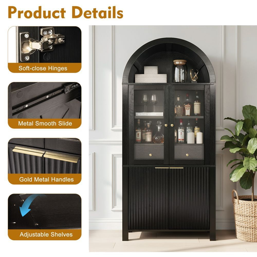 MIDOQIN  71" Tall Arched Bookcase, Farmhouse Display Cabinet with Adjustable Shelves, Hidden Drawer & Glass Door Bookshelf
