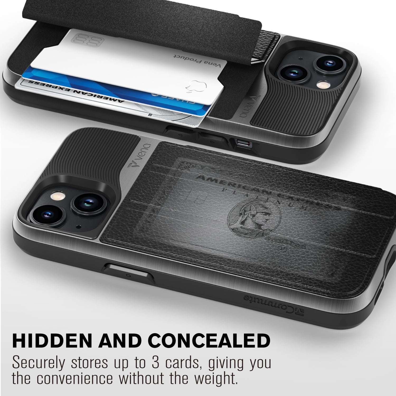 VENA vCommute Wallet Case Compatible with Apple iPhone 15 (6.1"), (Military Grade Drop Protection) Flip Leather Cover Card Slot Holder with Kickstand - Space Gray / Black
