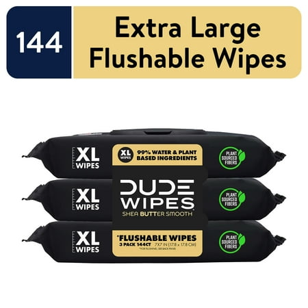 Dude Flushable Wipes, Extra Large Shea Butter Smooth Wet Wipes, 144 Count