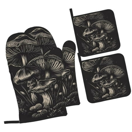 

Pofeuu Monochrome Mushroom Artwork Print Oven Mitts and Pot Holders 4 pcs Set High Heat Resistant 500 Degree Extra Thicken Long Kitchen Cotton Oven Glove for Cooking