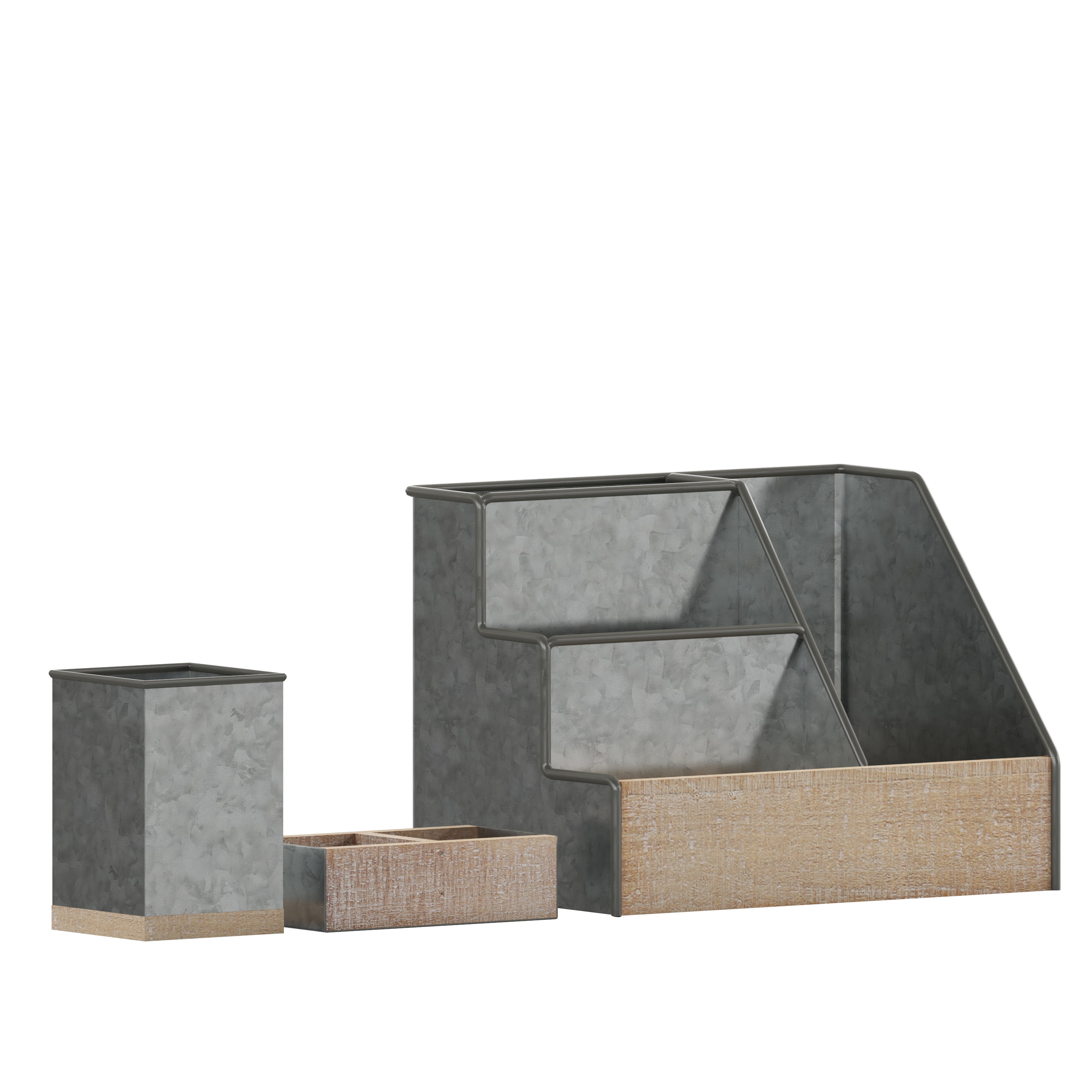 Merrick Lane 3 Piece Desk Organizer Set for Desktop, Countertop, or Vanity in Galvanized Finished Metal and Rustic Wood