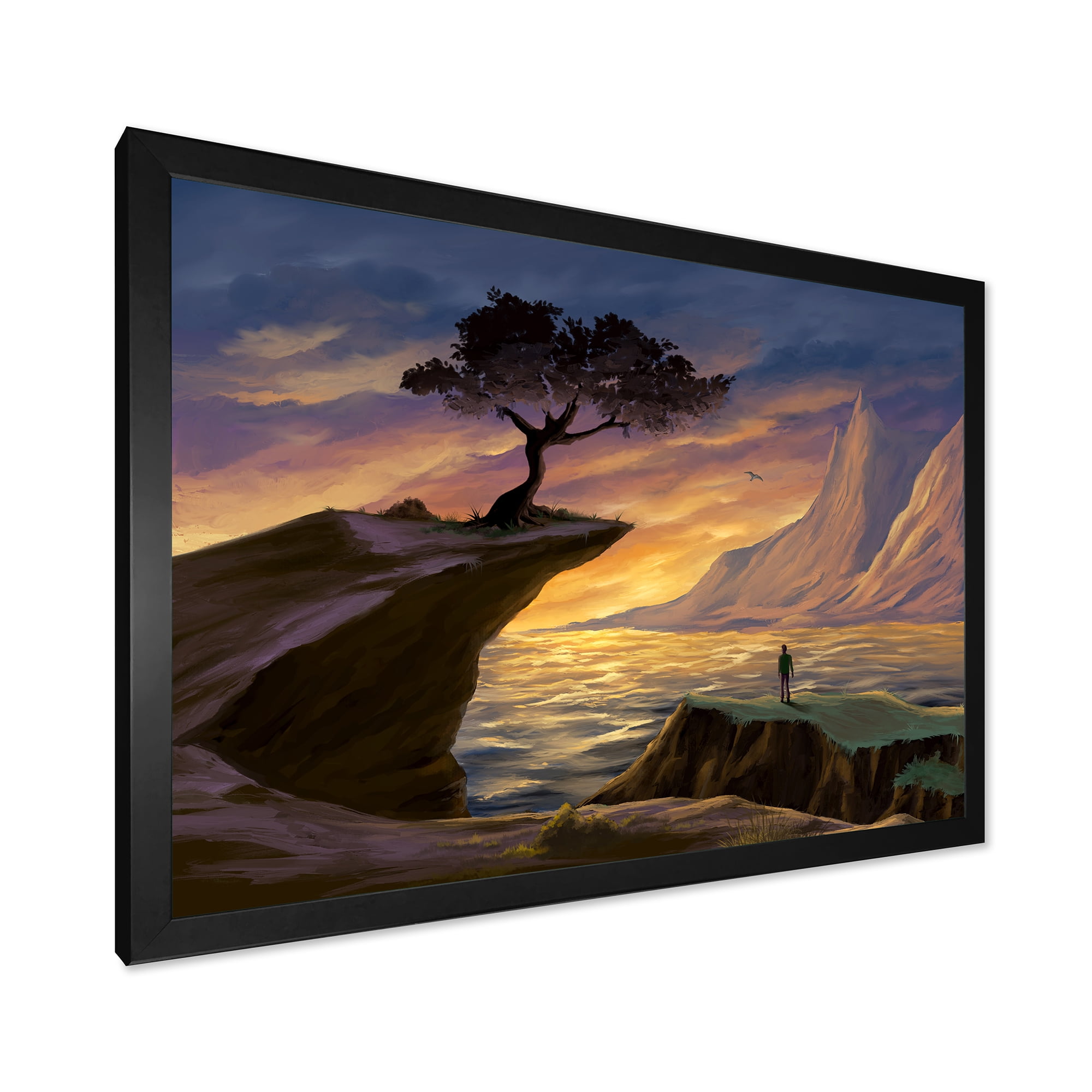 Designart 'Tree On A Sea Cliff At Evening Light' Lake House Framed Art Print
