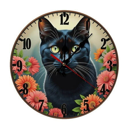 Black Cat Flowers Wall Clock 10 Inch Silent Non Ticking Round Wooden Clock Decoration for Living Room Kitchen Bedroom Bathroom Office Classroom