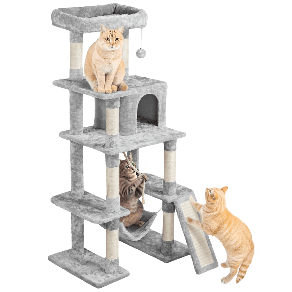 Yaheetech 54" Tall Multilevel Plush Cat Tree with Hammock Scratching Posts, Light Gray