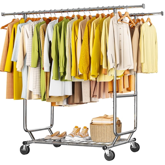 Exenoray 650 lbs Heavy Duty Double Rod Clothing Rack – Adjustable Rolling Garment Rack with 12 Hooks and 2-Tier Shelves