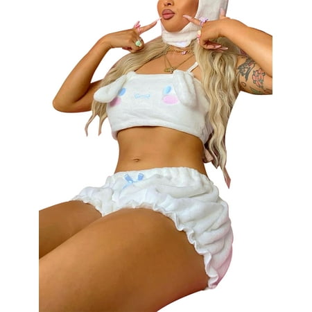 

Women Cute Plush Pajamas Set Lovely Bunny Velvet Tube Top Bloomers Shorts Sleepwear Suits