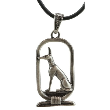 Egyptian Cartouche Pendant - Ebros Ancient Classical Egypt God of The Afterlife Jackal Dog Form Anubis Cartouche Lead Free Pewter Pendant with Rubber Cord Strap Necklace Egyptian Gods Goddesses Legends and Deities Charm Talisman