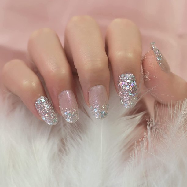 Light Pink Purple Bling Silver Glitter Press On False Nails Medium Oval Fake  Nails Nude Pink Artificial Nail Art Tips For Daily Wedding Finger Wear -  Walmart.Com
