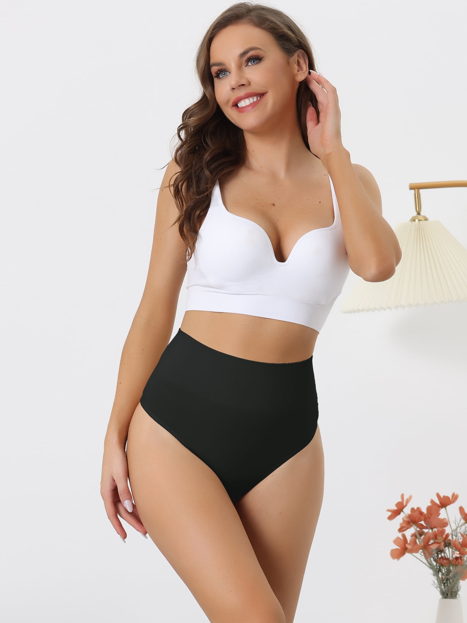 DARING DIVA Women's High-Waisted Tummy Control Thong Stretchy Underwear XL Black