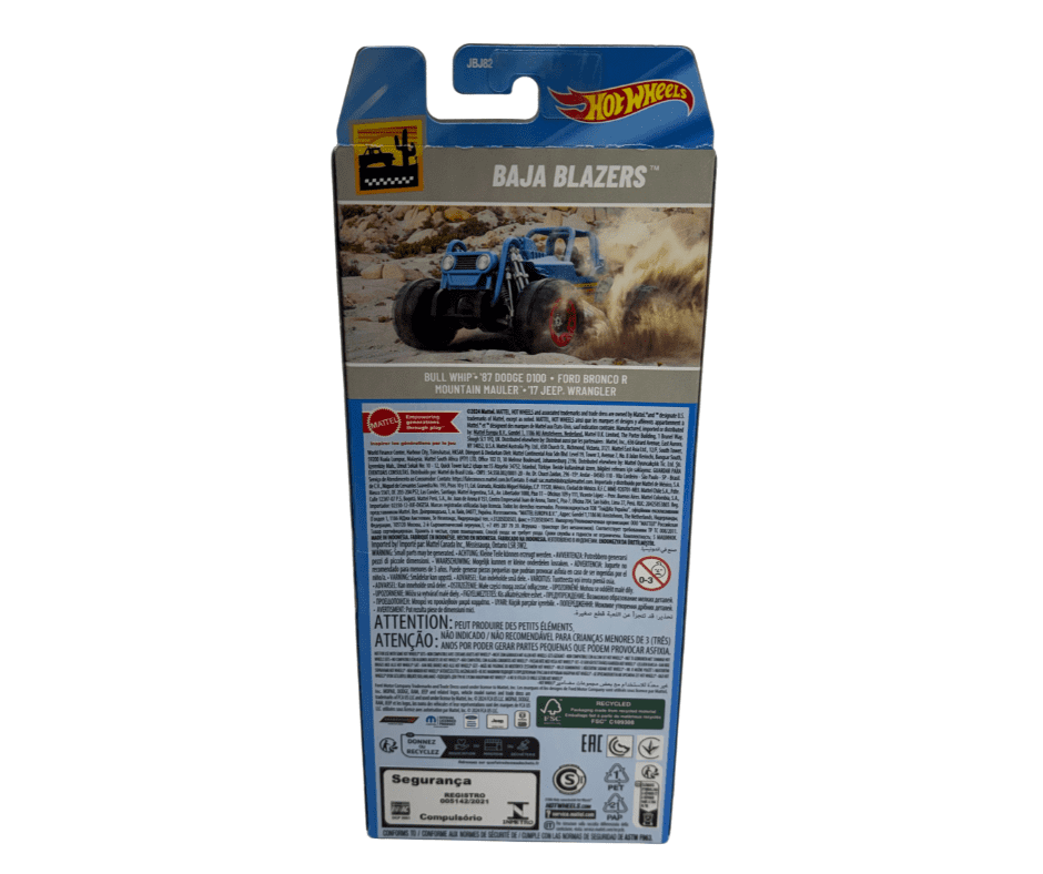 Hot Wheels Baja Blazers 5-Pack – 1:64 Scale Die-Cast Cars, Bull Whip, ’87 Dodge D100, Ford Bronco R, Mountain Mauler & ’17 Jeep Wrangler