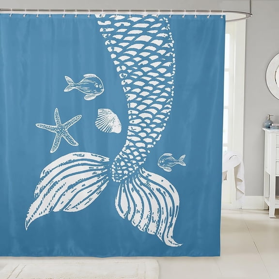 Cartoon Fish Scale Shower Curtain 84x72 inch for Stalls,Mermaid Bathroom Curtain,Tropical Mermaid Tail Fabric Shower Curtain Set,Ocean Starfish Shell Waterproof Bathroom Curtains