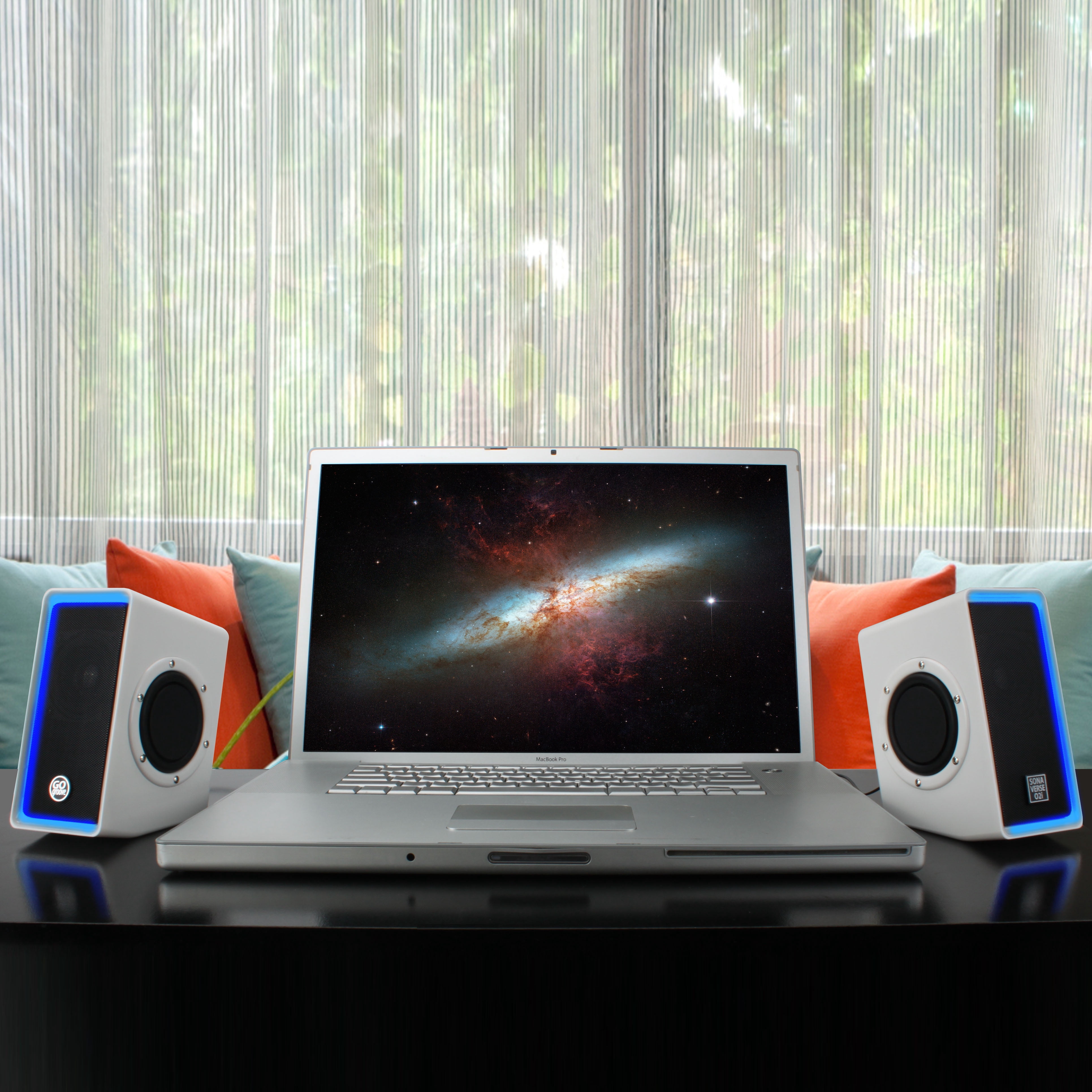 GOgroove SonaVERSE O2i Speakers for PC with AUX Input, Volume Dial, Stereo Audio (White with LEDs)