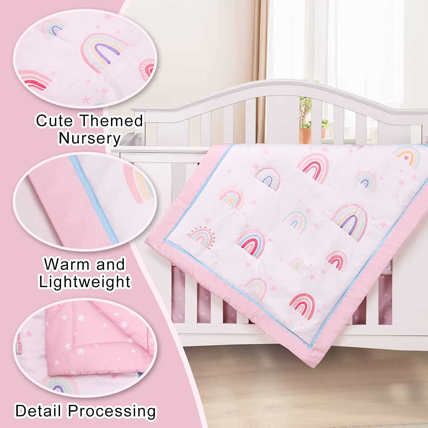 Sweet Baba Pink Rainbow Crib Bedding Set for Baby Girls, 5 PC Nursery Set Including Quilt/Skirt/Crib Sheet/Diaper Stacker/Blanket