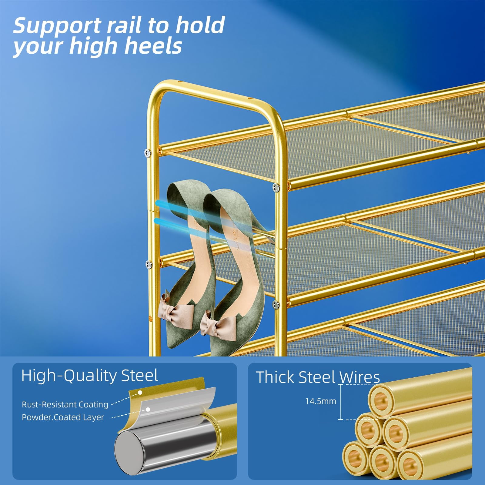 SUFAUY 3-Tier 33" Wide Shoes Rack Stackable, Metal Mesh, Gold