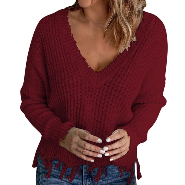 Cathalem Chandails Oversize pour Femmes Automne Décontracté Manches Longues Col Rond Pull Blouse en Maille Côtelée, Vin TG