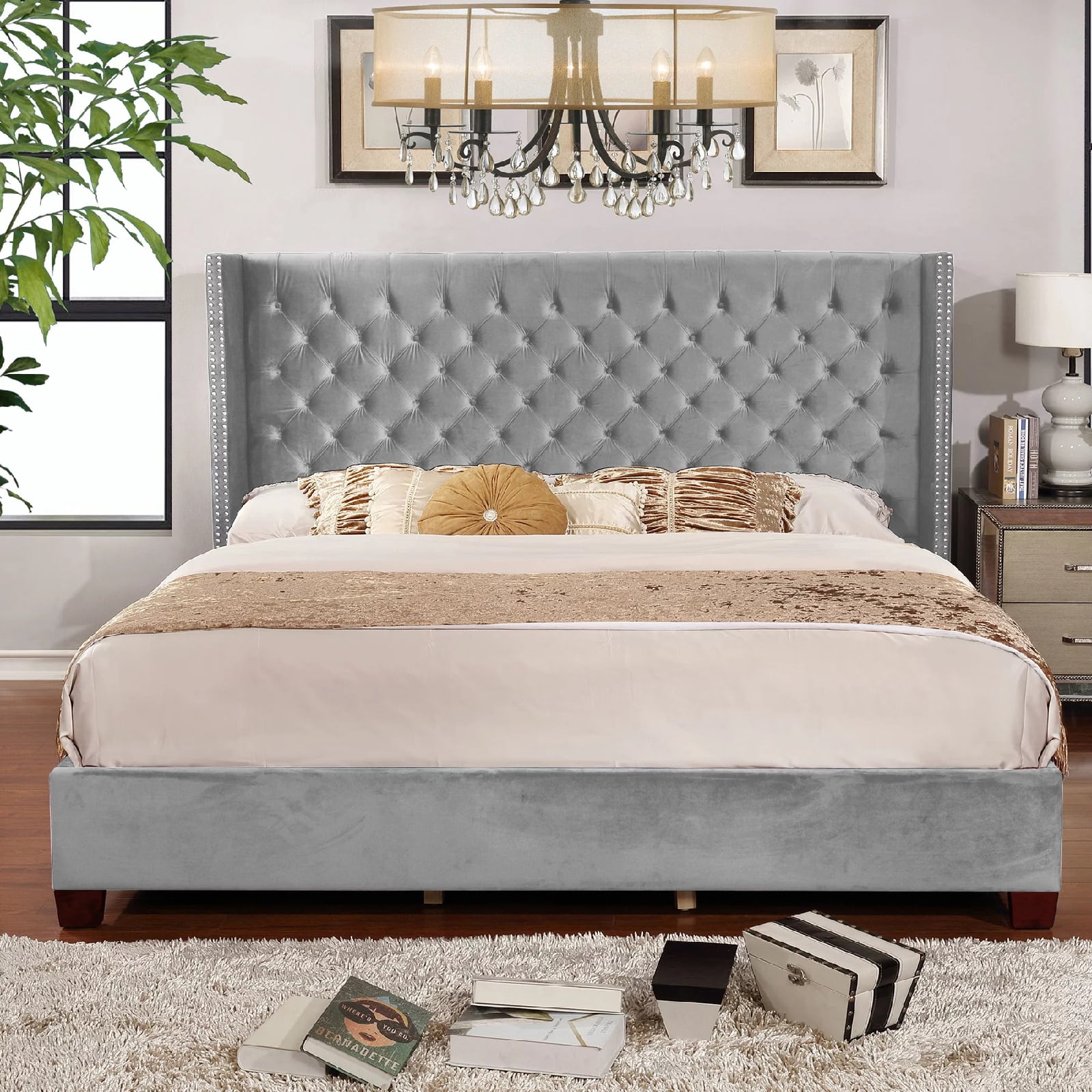 Nathaniel Home, King Upholstered Platform Bed Frame, Low Profile Deep Button Tufting Bed Frames, with Diamond Nailhead Trim Wingback Headboard, Gray