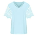 thumbnail image 4 of Summer Tops for Women Elegant Short Sleeve V-Neck Lace Stitching Pullover Blouse Shirt Solid Color Casual Tops Light Blue XL, 4 of 6