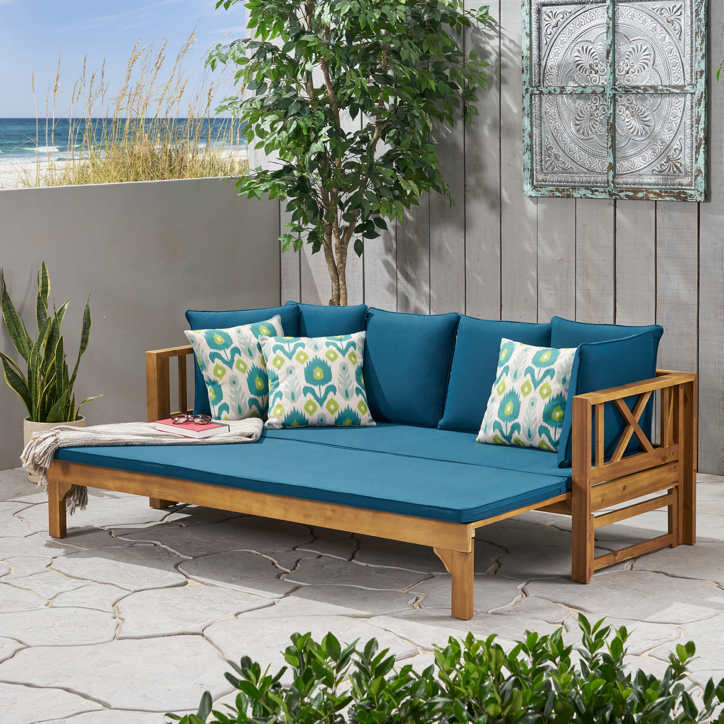 GDF Studio Camille Wood Teal Outdoor Dark and Acacia Sofa, Extendable Daybed Teak