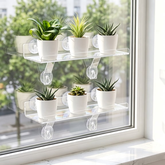 Window Plant Shelf with Brackets - 15 Inch Acrylic Sill Extender with Suction Cups, 2 pack