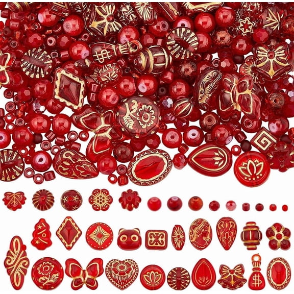 1 Box 180G Assorted Acrylic Beads Red Glass Beads Bulk Round Faceted Geometric Shiny Polished Butterfly Flower Loose Spacers for Bracelet Necklaces Jewelry Making DIY Crafts Supplies FireBrick