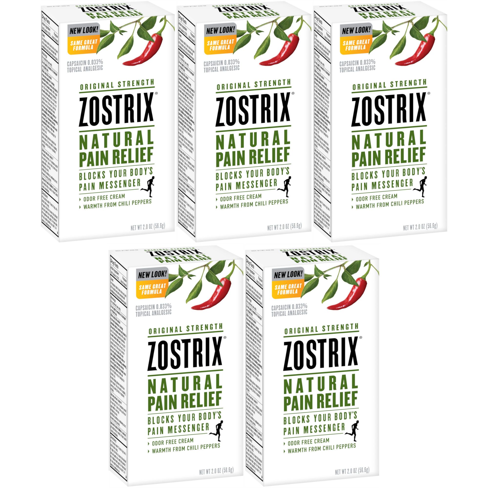 5 Pack Original Strength Zostrix Natural Pain Relief, Odor Free Cream