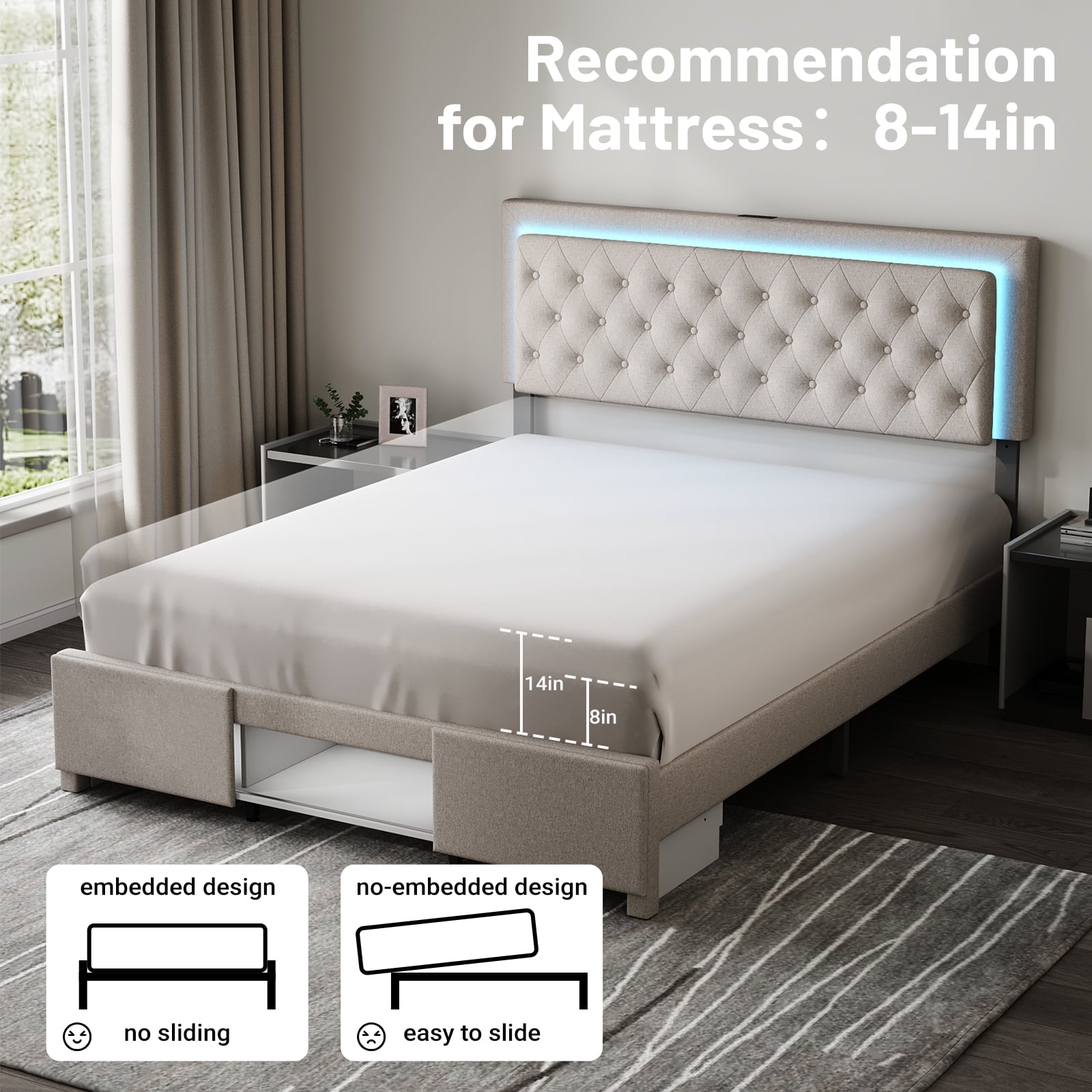 Bed Frame Queen Size with Sliding Barn Door Storage Cabinets,Headboard and LED Light,Solid Wood Slats Support,Noiseless,(Off-white)