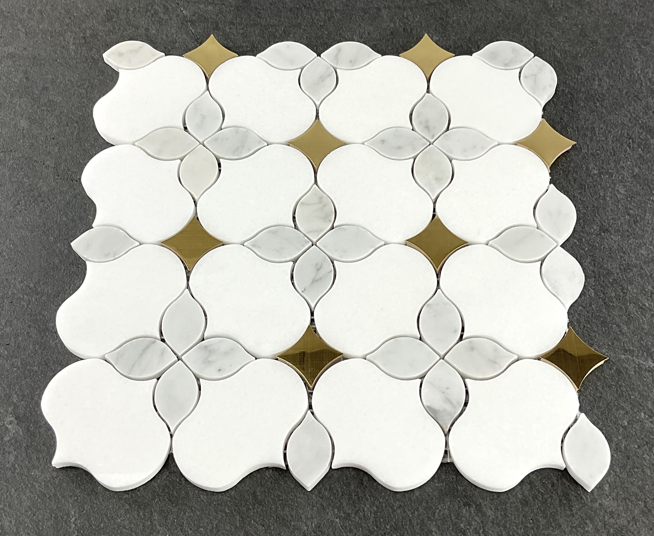 Waterjet Thassos White Marble & Gold Metal Floral Novelty Mosaic Wall & Floor Tile - Case (10 Sheets)
