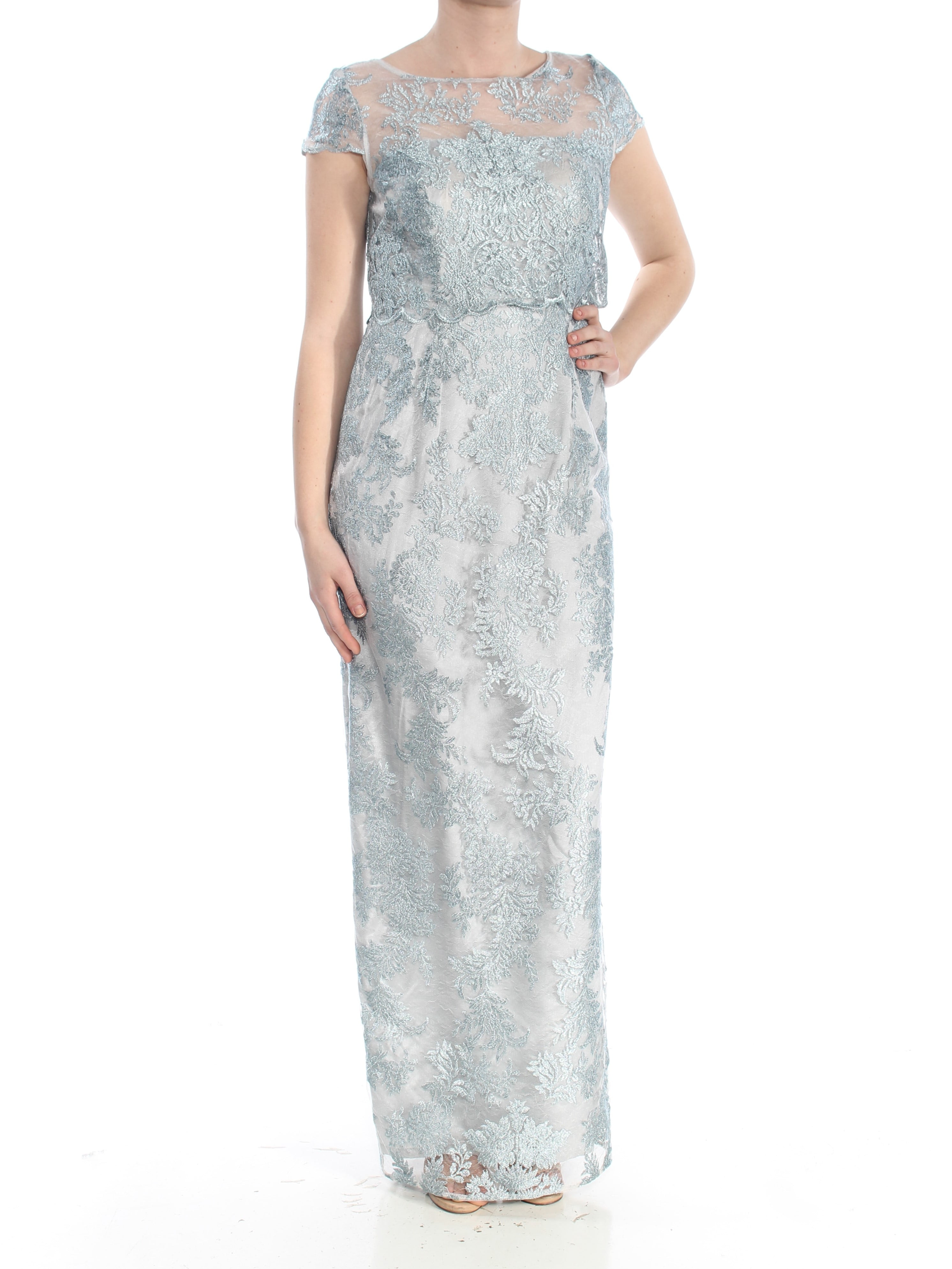 Adrianna Papell - ADRIANNA PAPELL Womens Blue Tiered Lace Floral Cap Sleeve Illusion Neckline 