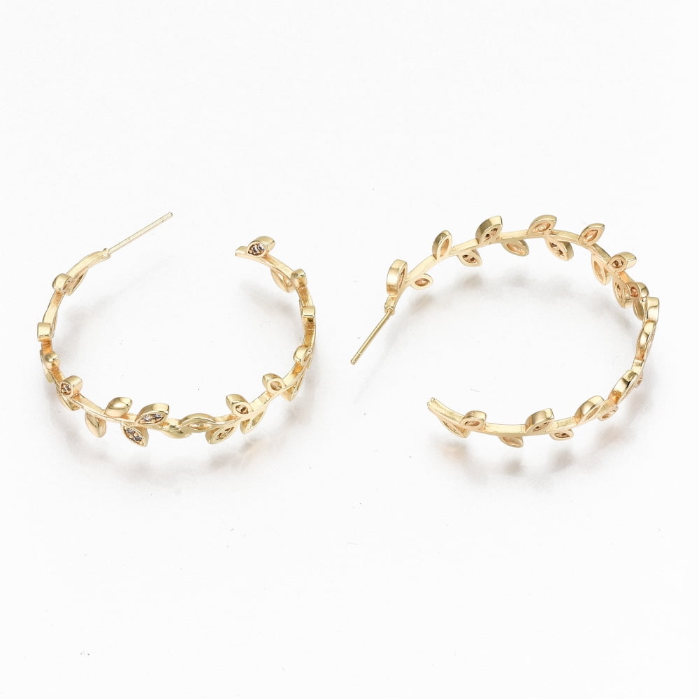 Brass Micro Pave Clear Cubic Zirconia Half Hoop Earrings Stud Earring Leaf Nickel Free Real 18K golden Plated 37x37x7mm Pin: 0.7mm