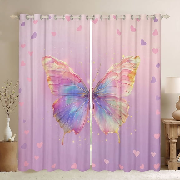 Homewish Gradient Colorful Butterfly Black Out Curtains,Flying Animal Curtains Pack of 2 (42x63 Each),Pink Loves Pattern Bedroom Curtains For Girls Kids,Super Cozy Room Decor