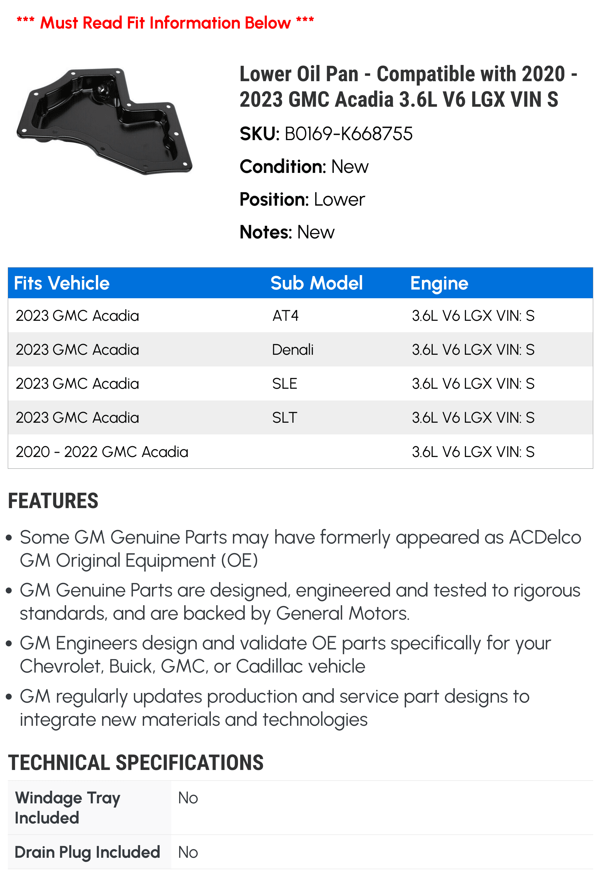 Lower Oil Pan - Compatible with 2020 - 2023 GMC Acadia 3.6L V6 LGX VIN S - AC Delco