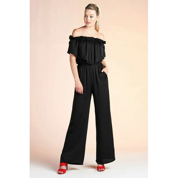 Double Ruffle Off Shoulder Jumpsuit in Jet Black