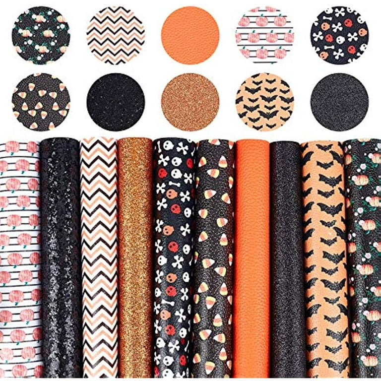 NOBRAND 10pcs Halloween Theme Printed Faux Leather Sheets Assorted Synthetic Leather Fabric(8.3x6.3inch) for Making Hair Bow Earrings Making Crafting Party