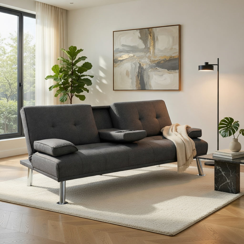 Hommoo Convertible Futon Sofa Bed with 2 Cup Holders – Linen Fabric, Iron & Pine Wood Frame, 3-Position Adjustable (Dark Gray)