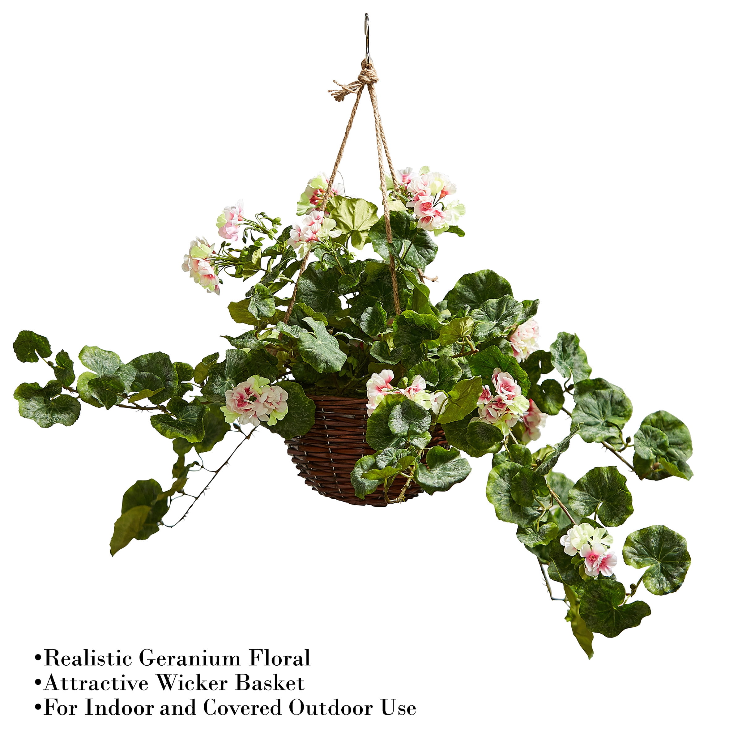 Pure Garden Faux Flowers – Light Pink Geranium Hanging Natural and Lifelike Floral Arrangement with Basket