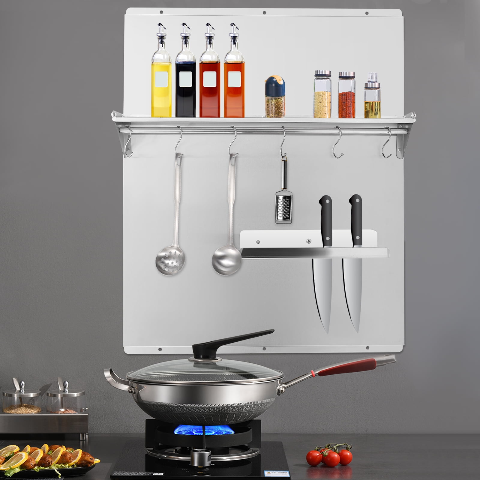 24x30 Inch Range Backsplash with Storage Shelf, Stainless Steel Splash Guard with 6 Hooks and Knife Rack, Easy Wall Mount for Kitchen Protection