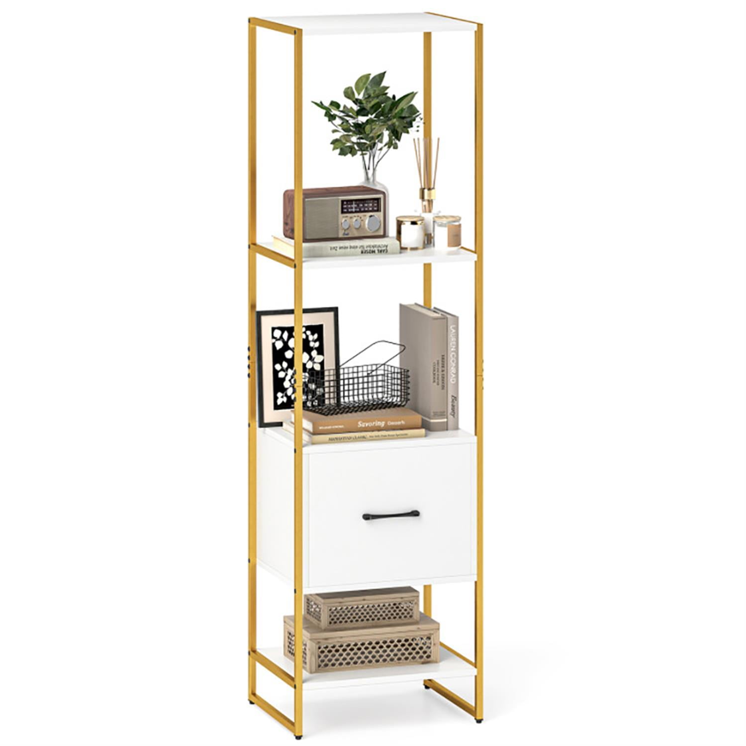 Demi Bonn Bookshelves and Organizer Open Display Storage Shelves with Storage Drawer, 5-Tier Narrow Bookcase Home Decor Furniture for Living Room, White