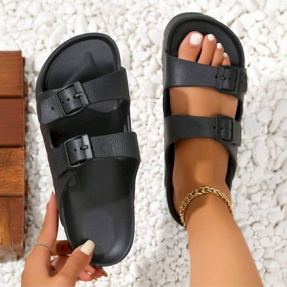 Womens Waterproof Adjustable Double Buckle Comfortable EVA Beach Slide Sandals Flat Shoes